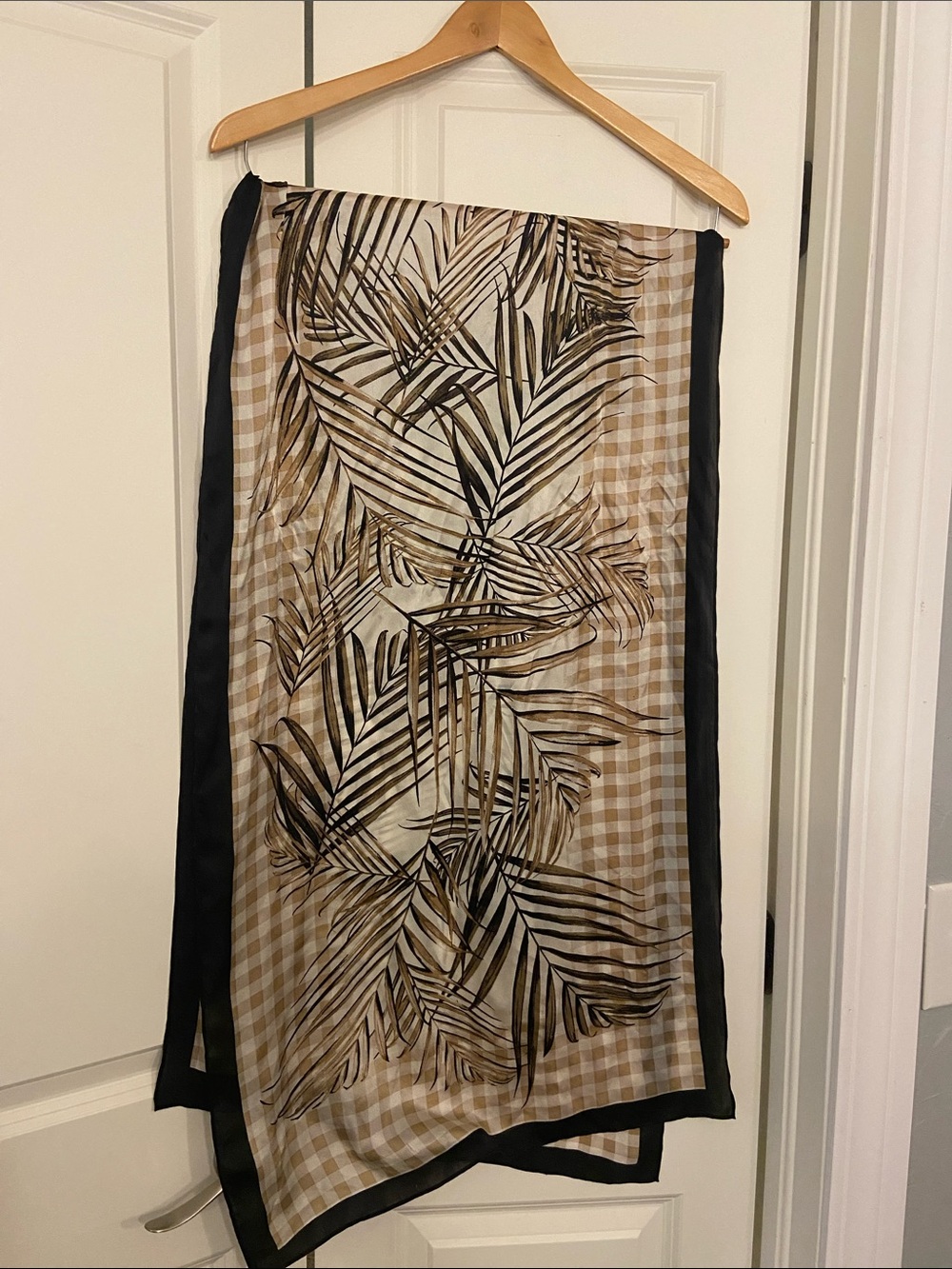 White House Black Market Beige and Black Palm-Print silk scarf